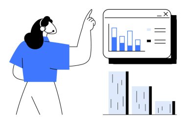 Kulaklık takmış bir kadın bar çizelgeleri ve istatistikleri olan dijital bir gösterge panelini işaret ediyor. Sunumlar, iş analizleri, takım işbirliği, veri içgörüleri, çevrimiçi eğitim, iletişim için ideal