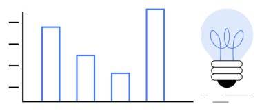 Fikirleri, yenilikleri ve büyümeyi sembolize eden parlayan bir ampulün yanında analitik ve veri eğilimlerini temsil eden çeşitli yüksekliklere sahip bar tablosu. İş, strateji, başarı ve beyin fırtınası için ideal
