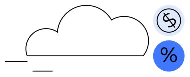 Hız çizgileri olan bulut çizgisi, gri daireli dolar sembolü, mavi daireli yüzde. Finans, tasarruf, kredi, teknoloji, bulut hizmetleri veri depolama dijital ekonomisi için idealdir. Basit düz