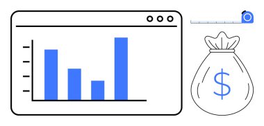 Ekrandaki çubuk grafik analitiği temsil ediyor, dolar işaretli para çantası karı simgeliyor, bant ölçüsü kesinliği gösteriyor. Finans, işletme, büyüme, veri, yatırım, planlama bütçesi için ideal