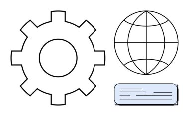 Vites dişlisi, ızgara çizgileri olan dünya ve belge küresel işbirliği, sistem optimizasyonu ve bilgi paylaşımını temsil ediyor. Teknoloji, iş verimliliği, küresel strateji ve takım çalışması için ideal
