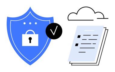 Kilitli mavi bir kalkan, işaretli bir işaret ve bulut yanında güvenli veri erişimi ve dosya depolamasını temsil eden belgeler. Siber güvenlik, bulut depolama, gizlilik, koruma, şifreleme, dijital için ideal
