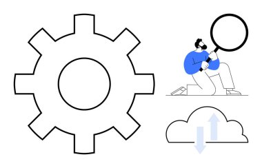Vites mekanizması, büyüteçle analiz eden insan ve oklarla bulut. Teknoloji, yenilik, veri depolama, problem çözme, dijital iş akışı stratejisi için ideal. Basit.