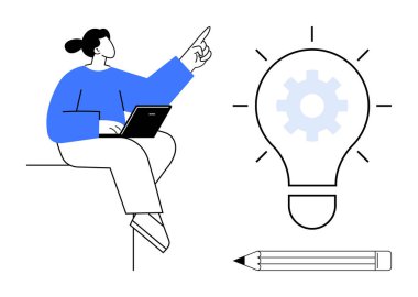 Diz üstü bilgisayarı yukarı bakan kişi, içinde dişli ampul, altında kalem olan kişi. Yenilik, yaratıcılık, eğitim, problem çözme, beyin fırtınası ve üretkenlik için ideal. Basit düz