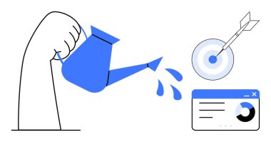 Mavi sulama kutusu, su sıçratma, hedefi vuran dart ve veri tablosu. Büyüme, hedef planlama, strateji, üretkenlik başarı analiz fırsatı için idealdir. Basit düz