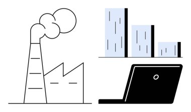Duman yığını, büyüme çubuğu grafiği ve endüstriyel ilerlemeyi, analitiği ve yeniliği vurgulayan dizüstü bilgisayarı olan bir fabrika. İş, veri, imalat, üretkenlik büyüme ekonomisi teknolojisi için ideal