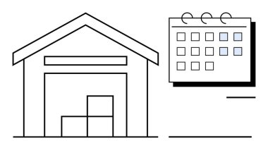Yığınlanmış kutuları olan depo yapısı ve lojistik, tedarik zinciri, teslimat çizelgesi, envanter planlaması, sipariş yönetimi, organizasyon ve zaman çizelgelerini temsil eden bir takvim. Basit bir daire.
