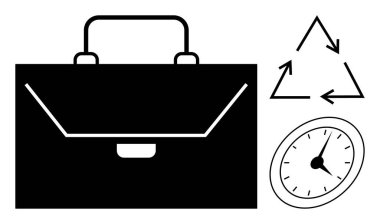 Geri dönüşüm sembolü ve analog saatin yanında siyah evrak çantası, çevre dostu iş, zaman yönetimi ve verimliliği yansıtıyor. Şirket ahlakı için ideal, yeşil uygulamalar, verimlilik, planlama