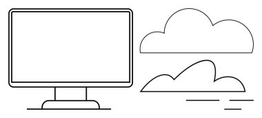Bilgisayar monitörü ve asgari hatlı iki bulut. Bulut hizmetleri için ideal, teknoloji, dijital yenilik, çevrimiçi depolama, ağ oluşturma, internet çözümleri, basit düz metafor