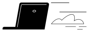 Bulut simgesinin yanında hızlı hareket çizgileri olan dizüstü bilgisayar hız, bulut depolama, uzaktan erişim ve dijital dönüşümü temsil ediyor. IT, iş, yenilik, yazılım hareketliliği verimliliği için ideal