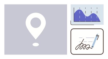 Konum broşu gri bir arkaplanda, dalgalı eğilimli bir veri tablosu ve kağıt üzerinde bir kalem imzası. Navigasyon, analitik, belgelendirme, iş, lojistik, dijital araçlar için ideal