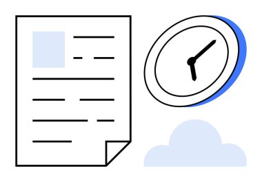 Analog bir saatin yanında kağıt belge ve zamanı, dijital bağlantıyı ve organizasyonu sembolize eden bir bulut. Üretkenlik, verimlilik, planlama, yönetim, teknoloji, depolama için ideal