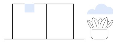 Ofis penceresinde, bulutun altında saksıda bir bitkinin yanında perde var. İş-yaşam dengesi, basitlik, sükunet, doğa, rahatlama, üretkenlik, minimalizm için ideal. Temiz düz metafor