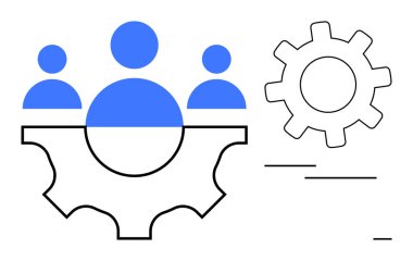 Bir dişlinin içinde üç mavi insan şekilleniyor, daha büyük bir dişli anahatının yanında. Takım çalışması, işbirliği, liderlik, sinerji, problem çözme, üretkenlik operasyonu için ideal. Basit düz metafor