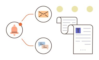 Çan bildirim simgesi, e-posta zarfı, sohbet baloncukları ve süreç akışı ile bağlantılı belgeler. İletişim, takım çalışması, mesajlaşma, e-posta yönetimi, üretkenlik iş akışı için ideal basit düz