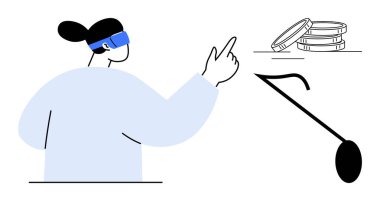 Adalet ölçeği ve sikkelerin yanında gözbağı takan kişi, adalet, eşitlik, tarafsızlık, hukuk, karar verme, etik ve sosyoekonomik dengeyi simgeliyor.