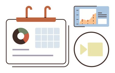 Pasta grafiği, ızgara çizelgesi, grafik analizi ve video oyun ikonu içeren bir takvim. Üretkenlik, programlama, iş stratejisi, veri temsil pazarlama beyin fırtınası için ideal