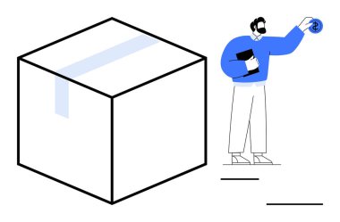 Elinde bozuk para tutan adam, büyük mühürlü bir paketin yanında duruyor. Finans, e-ticaret, denizcilik, lojistik, yatırım ve ticaret için ideal. Basit bir düz metafor.