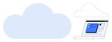 Büyük boy bulut simgesi, kullanıcı arayüzü içindeki belgeleri gösteren parlak dizüstü bilgisayar. Teknoloji, bulut depolama, çevrimiçi veri, işbirliği, yazılım, yenilik için ideal, basit düz metafor