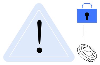 Üçgen içindeki büyük ünlem, ihtiyatı vurguluyor. Mavi kilit veri güvenliğini sembolize ediyor. Madeni para kaynakları. Siber güvenlik, risk yönetimi, çevrimiçi güvenlik, dijital finans, dolandırıcılık için ideal