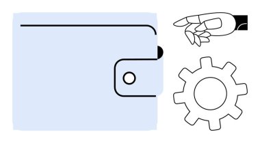 Cüzdan finans anlamına gelir, robot el otomasyonu temsil eder, çark sistemleri önerir. Yenilik, fintech, yapay zeka, otomasyon, dijital dönüşüm ekonomisi ve takım çalışması temaları için idealdir. Basit.