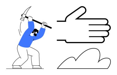 Adam kazmasını dev bir ele doğru sallıyor ve toprak yığınının yanında yolunu tıkıyor. Çalışma mücadelesi, kararlılık, çaba, çatışma, inatçılık, kariyer sorunları, basit düz metafor