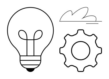 Minimalist ampul, teçhizat ve bulut simgeleri fikirleri, ilerlemeyi ve yeniliği sembolize eder. Teknoloji, çözümler, yaratıcılık iş planlama yenilik stratejisi eğitimi için idealdir. Basit bir daire.