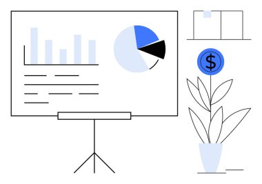 Grafikleri, pasta grafiği ve bar tablosu olan sunum panosu, finansal görüşler için dolar simgesi, dekoratif bitki, geometrik raf. Pazarlama, finans, veri eğitimi strateji analizi için ideal