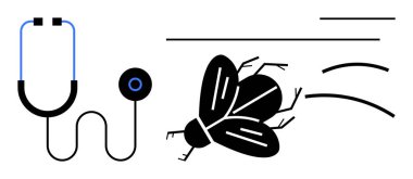 Steteskop, soyut uçan bir böceğin yanında sağlık, gözlem ve hızı gösteriyor. Sağlık, biyoloji, teknoloji, hareket, tanı analizi için ideal. Basit düz metafor.