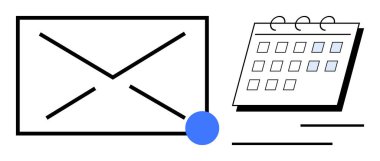 Mavi daireli zarf, işaretlenmiş tarihler ve asgari çizgilerle açık planlayıcı. İletişim, programlama, verimlilik, etkinlikler, planlama ve dijital iletişimi hatırlatmak için ideal. Basit düz