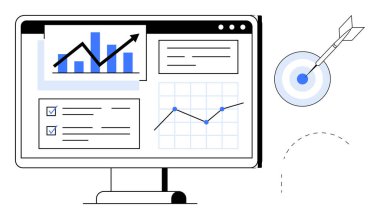 Bilgisayar ekranında çubuk grafik, satır şeması ve kontrol listesi gösteriliyor. Ok hedefi vuruyor. Analiz, üretkenlik, planlama, başarı stratejisi için ideal büyüme. Basit düz