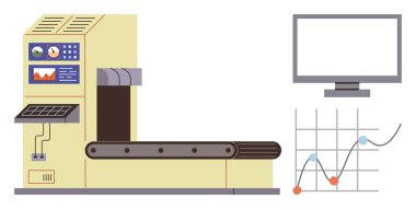 Kontrol panelleri olan taşıyıcı bant, performans çizelgelerini görüntüle. Otomasyon için ideal, üretim, üretim, teknoloji, fabrika iş akışı, veri analizi, basit düz metafor