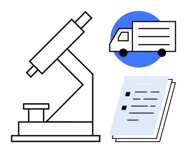 Mikroskop, mavi geçmişi olan teslimat kamyonu, ve çek kutulu belgeler. Bilim, araştırma, lojistik, tedarik zinciri, eğitim tıbbi yenilik ve organizasyon için idealdir. Basit düz