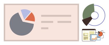 Pasta grafiği ve veriler sunum tahtasında, dairesel grafik, tablet ve masaüstünde analitik araçlar. İş, istatistik, araştırma ve eğitim analitikleri için idealdir. Basit.