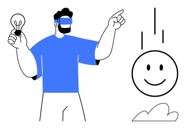 İnsan elinde ampul tutarken gülümseyen bir yüzü işaret eder. Teknoloji, yenilik, yaratıcılık, fütürizm, VR etkileşimi, fikirler, keşif için idealdir. Basit düz metafor