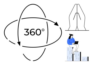 360 derece etrafında dönen oklar, farkındalığı temsil eden dua eden eller, dizüstü bilgisayarla büyüme çubuğuna oturan kişi. Yenilik, odaklanma, üretkenlik, denge, teknoloji, büyüme farkındalığı için ideal