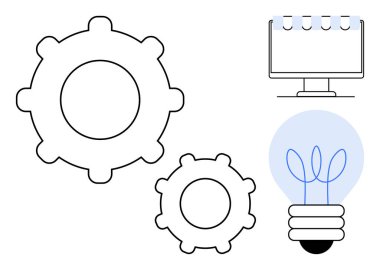 Parlayan bir ampul ve bilgisayar ekranının yanında birbirine bağlı dişliler gelişimi, yaratıcılığı ve teknolojiyi simgeliyor. Takım çalışması, çözümler, yenilik, mekanik, strateji ve süreç için ideal