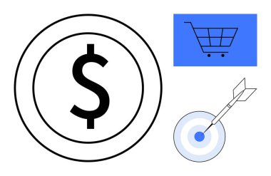 Çemberin içinde dolar işareti, alışveriş arabası grafiği ve hedefi vuracak bir dart. E-ticaret, pazarlama, mali yönetim, para kazanma, hedef başarı, iş planlaması için ideal
