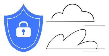 Bulutların dış hatlarının yanında kilit sembolü olan mavi kalkan bulut güvenliğini işaret ediyor. Siber güvenlik, veri koruması, bulut bilgisayarı, çevrimiçi güvenlik, şifreleme, güvenli depolama, ağ güvenliği için ideal