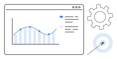 Veri eğilimlerini gösteren etkileşimli tablo, süreç optimizasyonunu sembolize eden vites ve hedef hedef hedefleme başarısı. Analiz, strateji, planlama, teknoloji, ilerleme ve verimlilik için ideal