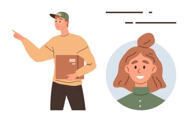 Günlük giysiler içinde bir erkek kurye paketini tutuyor ve yandan işaret ediyor. Profil çemberinde gülümseyen kadın müşteri. Teslimat için ideal, lojistik, e-ticaret, hizmet iletişimi, müşteri