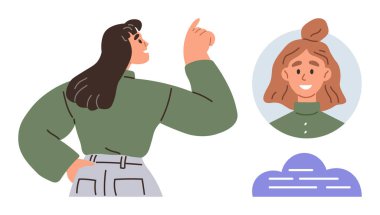 Açıklama yaparken ya da beyin fırtınası yaparken kendine güvenen bir kadın. Profil fotoğrafı dairesel çerçevede ve kavramsal bulutta. İletişim için ideal, takım çalışması, liderlik, danışman geribildirim