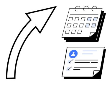 Yukarıya doğru büyük bir ok işaretli tarihli bir takvimi ve tamamlanmış bir görev kontrol listesini birbirine bağlar. Üretkenlik, planlama, ilerleme, zaman yönetimi, hedef belirleme, verimlilik, basit düz metafor