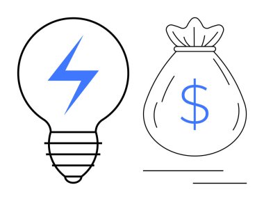 Dolar işaretli çantanın yanında mavi yıldırımlı ampul. Enerji tasarrufu, finansal verimlilik, sürdürülebilirlik, yatırım, yenilik, elektrik ve teknoloji için ideal. Basit düz metafor