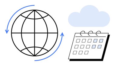 Bağlantıyı temsil eden oklarla dolu bir dünya depolama için bulut, organizasyon için takvim. Küresel iletişim, bulut hesaplama, zamanlama, zaman yönetimi, veri transferi, uzaktan çalışma için ideal
