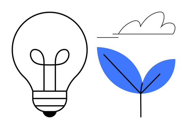 Лампочка в паре с прорастающим растением и облаком. Идеально подходит для инноваций, окружающей среды, возобновляемых источников энергии, экологической эффективности, чистых технологий, роста, зеленой жизни. Простая плоская метафора