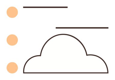 Bulut ana hatları üç turuncu nokta ve yatay çizgiler bulut depolama, dijital organizasyon ve düzenli süreçleri sembolize eder. Teknoloji, yenilik, minimalizm ve veri yönetimi için ideal