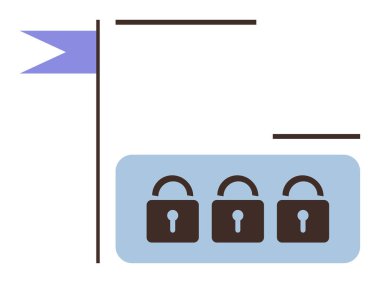Bayrak bayrağının altında mavi dikdörtgen bir çubuğa dizilmiş üç asma kilit. Gizlilik, siber güvenlik, şifreleme, kısıtlama, güvenlik, kontrol, güvenlik sistemleri için ideal. Minimalist düz metafor