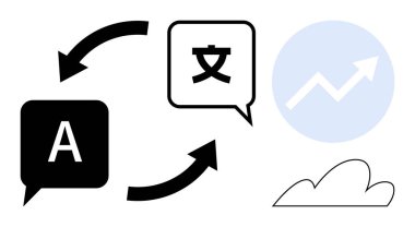 Oklar, büyüme oku grafiği ve bulut şekli ile bağlanmış dil sembollü iki sohbet baloncuğu. Yapay zeka, iletişim, küresel iş, eğitim, teknoloji lokalizasyon büyümesi için idealdir. Basit düz