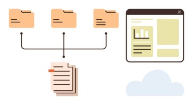 Bağlı klasörler, belge yığını ve bulut simgesi dosya organizasyonu, yönetim ve çevrimiçi depolamayı temsil ediyor. Veri yönetimi, bulut hesaplama, iş akışı, bilgi sistemleri dijital için ideal
